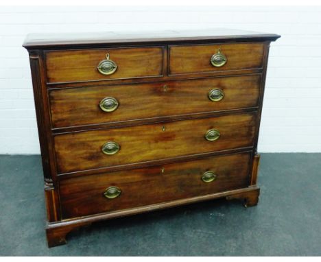 19th century mahogany chest, the rectangular top over two short and three long drawers, flanked by pilasters, raised on brack
