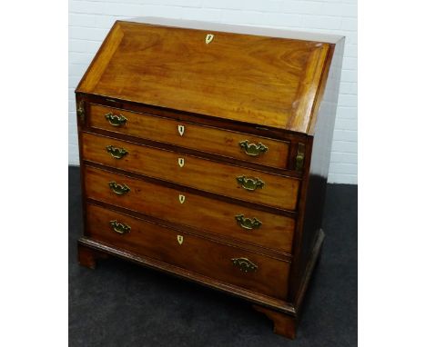 19th century mahogany bureau, the fall front opening to reveal a fitted interior above pull out slides and  chest with four l