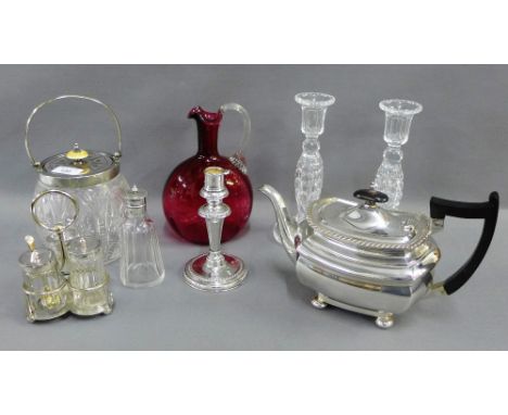 Collection of Epns and glass wares to include a biscuit barrel, candlesticks, cranberry glass jug, teapot, cruet set etc., (m