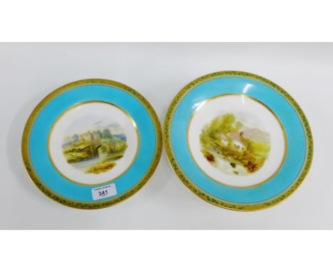 Copeland Spode comport with View Nr Hutton Abbey to centre, together with a plate with Lismore Castle pattern, (2) 