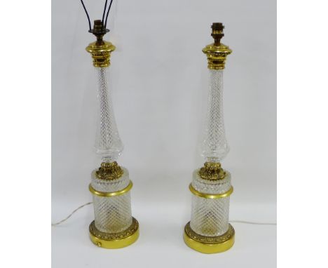 Pair of glass and brass table lamp bases (one a/f), 55cm high, (2) 