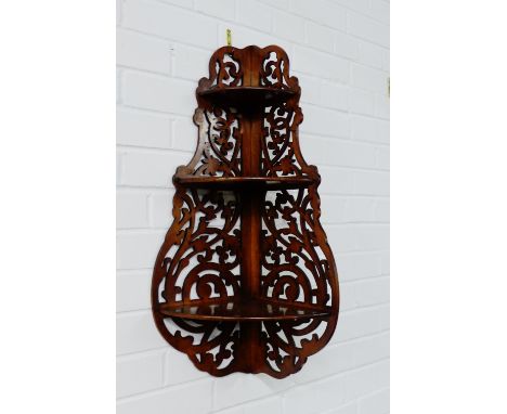 Walnut fret work corner wall bracket / shelf, 72cm