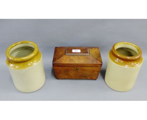 Two stoneware crocks and a mahogany tea caddy, (3) 