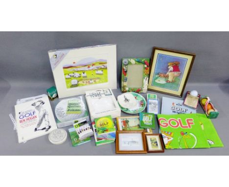 Carton containing a quantity of golfing memorabilia to include prints, playing cards, cork screws, books, etc., (a lot) 