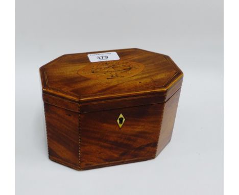 19th Century octagonal mahogany tea caddy, the hinged lid with an inlaid urn motif with boxwood stringing and ivory escutcheo