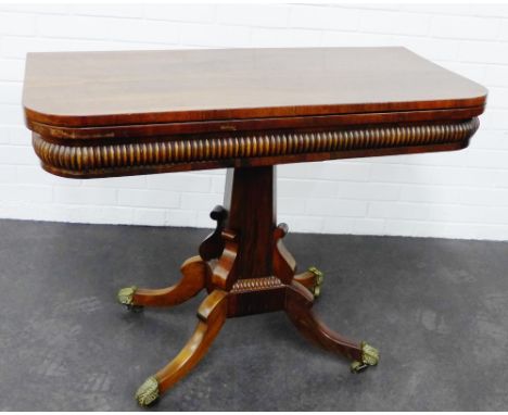 19th century rosewood foldover pedestal card table, terminating on brass caps 78 x 102cm 