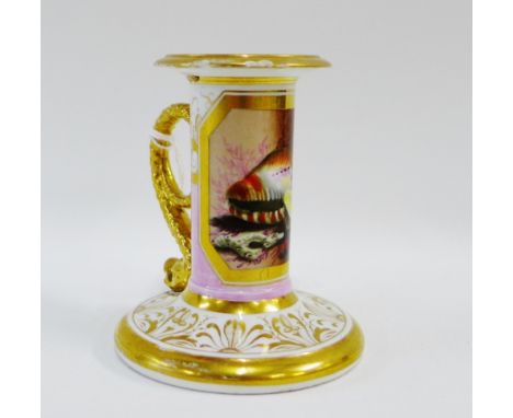 Flight, Barr &amp; Barr Royal Porcelain Works miniature candlestick, with a gilt edged panel depicting hand painted shells, w