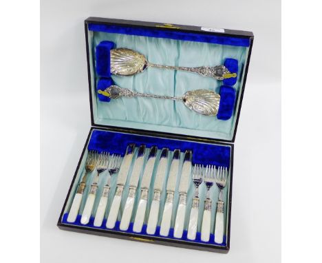 Cased set of six Epns and mother of pearl handled fruit knives and forks complete with a pair of Epns serving spoons 