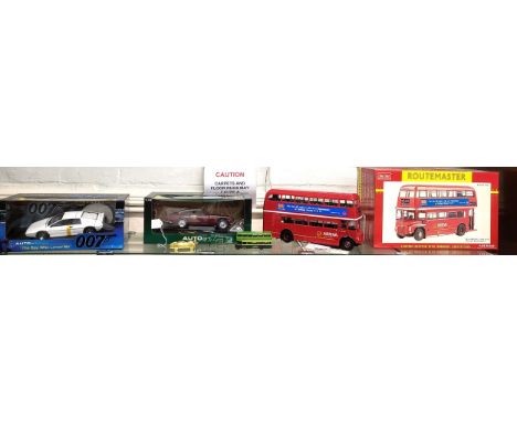 Sun Star 1:24 scale Routemaster Bus, Auto art 1:18 Aston Martin and 007 Lotus Esprit, with boxes, EFE bus and a sports car li