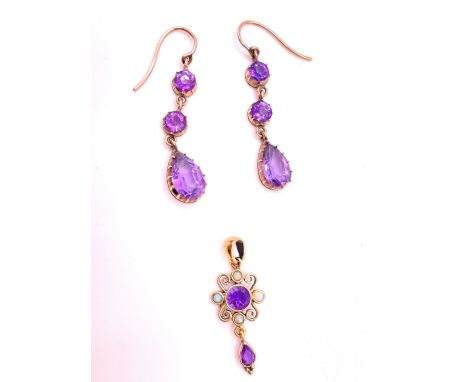 A pair of 9ct yellow gold and amethyst drop earrings, together with a 9ct yellow gold, amethyst, and opal drop pendant. (2) 4