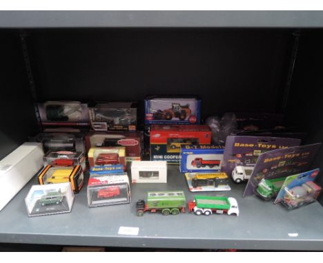 A shelf of mixed diecasts including Trackside, Corgi, Base-Toys etc, most boxed