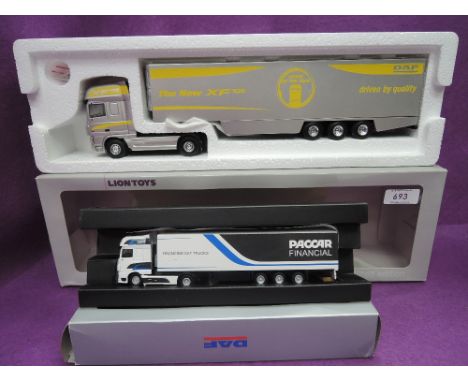 A Lion Toys 1:50 scale diecast, DAF XF 105 with fridge trailer, with mirrors, boxed and a WSI 1:87 scale diecast, DAF articul