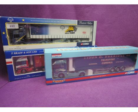 Three Corgi (china) limited edition 1:50 scale diecast advertising wagons, Tyson H Burridge Ltd, T Brady & Son Ltd and MAN Ra