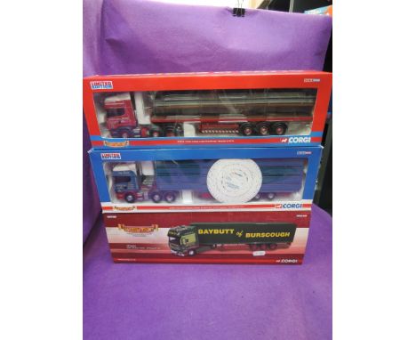 Three Corgi 1:50 scale diecasts, Scania Topline Houghton Parkhouse Livestock Transporter, MacTaggart Bros & Co, with mirrors,