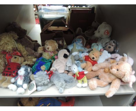 A shelf of modern soft toys and teddy bears including, Monty Bear, Boyds, Perfect Pets, TY etc