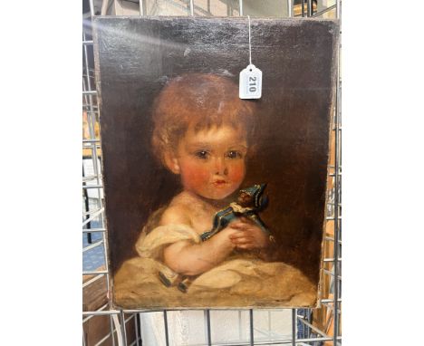 RICHARD BUCKNER 1812-1883 OIL ON CANVAS - PORTRAIT OF CHILD HOLDING TOY - SIGNED 36CM X 46CM - HAS BEEN RELINED, SOME EVIDENC