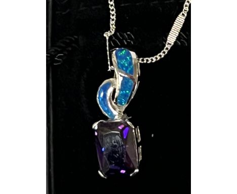 STERLING SILVER AMETHYST &amp; OPAL PENDANT &amp; CHAIN