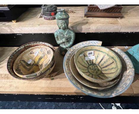FIVE ISLAMIC CERAMIC MIDDLE EASTERN BOWLS WITH SMALL STATUE - A/F