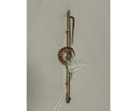 GOLD RUBY &amp; DIAMOND CRESENT MOON BAR BROOCH