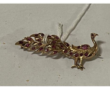 GOLD RUBY SET PEACOCK BROOCH