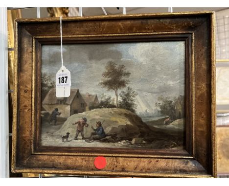 FOLLOWER OF DAVID TENIERS 1610-1690 OIL ON PANEL ''PEASANTS &amp; A DOG RESTING'' POSSIBLY SIGNED LOWER LEFT 17CM X 23CM , NI