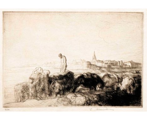 Edmund BLAMPIED (1886-1966) Loading Vraic, St Malo, 1927  Drypoint, signed, inscribed and numbered 91/100, plate 17.5 x 25.7c