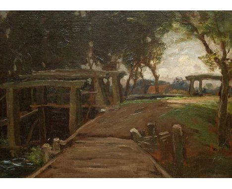Frank Wright BOURDILLON (1851-1924) The Red River Loch Gate, Redruth (1889)  Oil on board, signed and dated bottom right, fur
