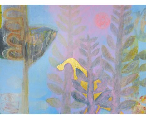 Min WARDMAN (1951-2024) Golden Bird  Acrylic and gold-leaf on canvas, studio stamp verso, 101.5cm x 76cm  Min Wardman (1951-2