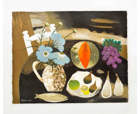 Mary FEDDEN (1915-2012) Fruit & Scabious, 1993  Gouache on paper, signed and dated, artist's label to verso, 45.5 x 57.5cm, f