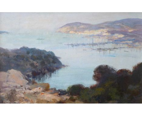 Edward Brian SEAGO (1910-1974) Evening Haze, Bay of Porto Cervo, Sardinia   Oil on board, signed, 40 x 60cm, 57 x 77cm framed
