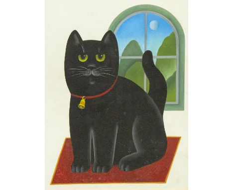 Martin LEMAN (1934) Black Cat on Red Rug  Oil on board, 30 x 23cm, 43 x 36cm framed.This piece has not been examined out of t