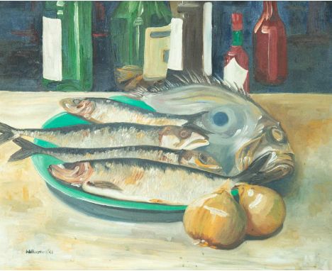 Nick WILKINSON (1966) Plate of Fish (1991) Oil on linen, signed and dated '91, 44 x 54cm, 51 x 62cm framed.