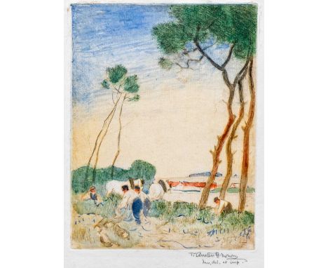 Thomas Austen BROWN (1859-1924) The Woodman, c1911  Etching with watercolour, signed, plate 20 x 15.2cm, sheet 29 x 26cm (mou