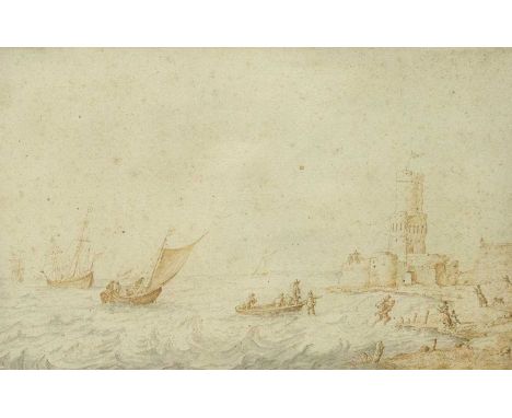 Attributed to Jan PORCELLIS (c.1584-1632) Dutch Beach View  Pen, brown ink and wash, attribution to the mount, 18.5cm x 29cm,