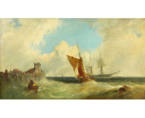 James Edwin MEADOWS(1828-1888) A fishing smack entering harbour, a frigate standing off Oil on canvas, lined, signed, 60x106c