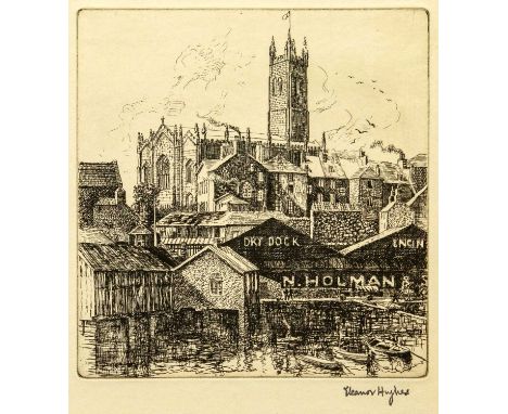Eleanor HUGHES (1882-1959) Dry Dock, Penzance, 1937  Etching, stamped signature, plate 19 x 18cm, sheet 32 x 23.5cm, mounted 