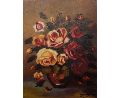 European School, mid-20th century- Flowers in a vase; oil on canvas, signed indistinctly (lower right), 46.4 x 36 cm. Framed,