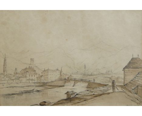 Sarah Grace Carr, British 1794-1837- The Bridge; pencil and brown ink on paper, inscribed and dated 'Maran Oct 12' (lower rig