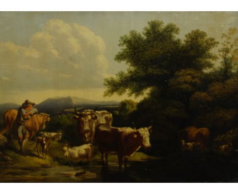 Manner of Paulus Potter, 19th century- Cattle and goats watering; over-painted oleograph, bears signature, 24.8 x 34.3 cm. (V