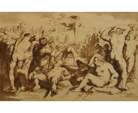 After Cornelis Cornelisz Van Haarlem, Dutch 1562-1638- Allegory of Fortune; brown ink and wash on paper, 28.6 x 44.3 cm. (unf