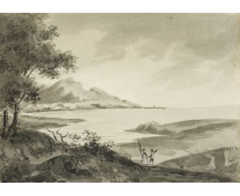 Sawrey Gilpin, RA, British 1733-1807- A hilly landscape with a lake and two figures; grey wash on paper, signed in pen and bl