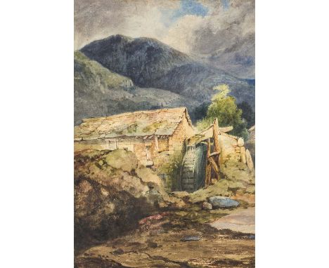 James Holland, RWS, British 1799-1870- View of a water mill; watercolour heightened with scratching out on paper laid down on