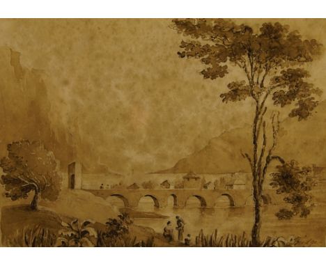 George Cuitt Jnr., British 1779-1854- Landscape with figures by a stream, near Chester; pencil, ink, and wash on paper, 9.7 x