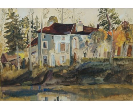 European School, mid-20th century- View of a house by a river; pencil, watercolour, and gouache heightened with white on pape