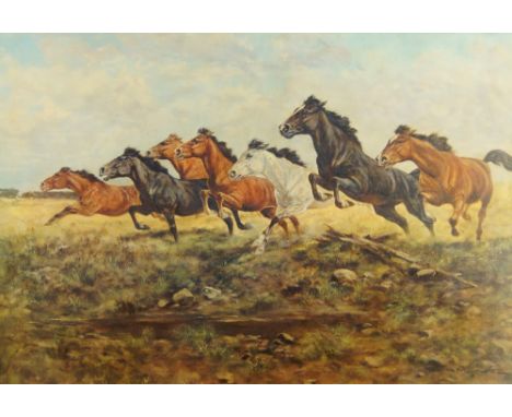 After George Majewicz, German 1897-1965- Horses galloping; oleograph on canvas, signed within the plate, 62 x 90 cm Please re