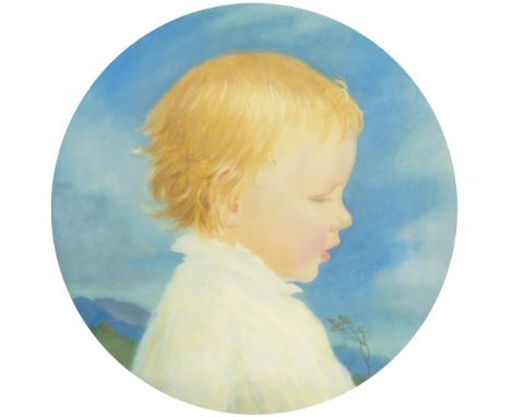 Circle of Alfred Kingsley Lawrence, RA, British 1893-1975- Head of a child in profile, a landscape behind; oil on canvas, ton