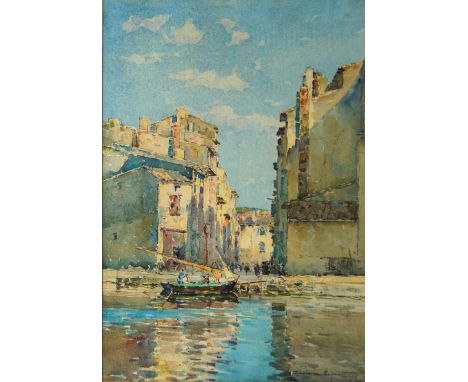 Italian School, early 20th century- Harbour scene; pencil, watercolour, and gouache on paper, indistinctly signed (lower righ