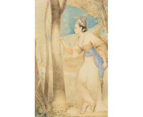 After Sir Joshua Reynolds, PRA, British 1723-1792- Joanna Leigh, Mrs Richard Bennett Lloyd, inscribing her name on a tree; pe