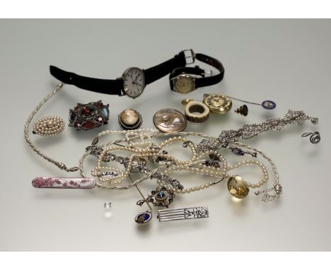 A collection of costume jewellery and watches to include, a white metal rope pattern necklace and matching bracelet, an Edwar