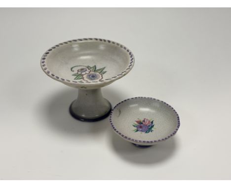 A Carter Stabler Adams Ltd Poole Pottery footed bowl with flowers to centre with purple beaded band, marked  T 272 / GI M (h-